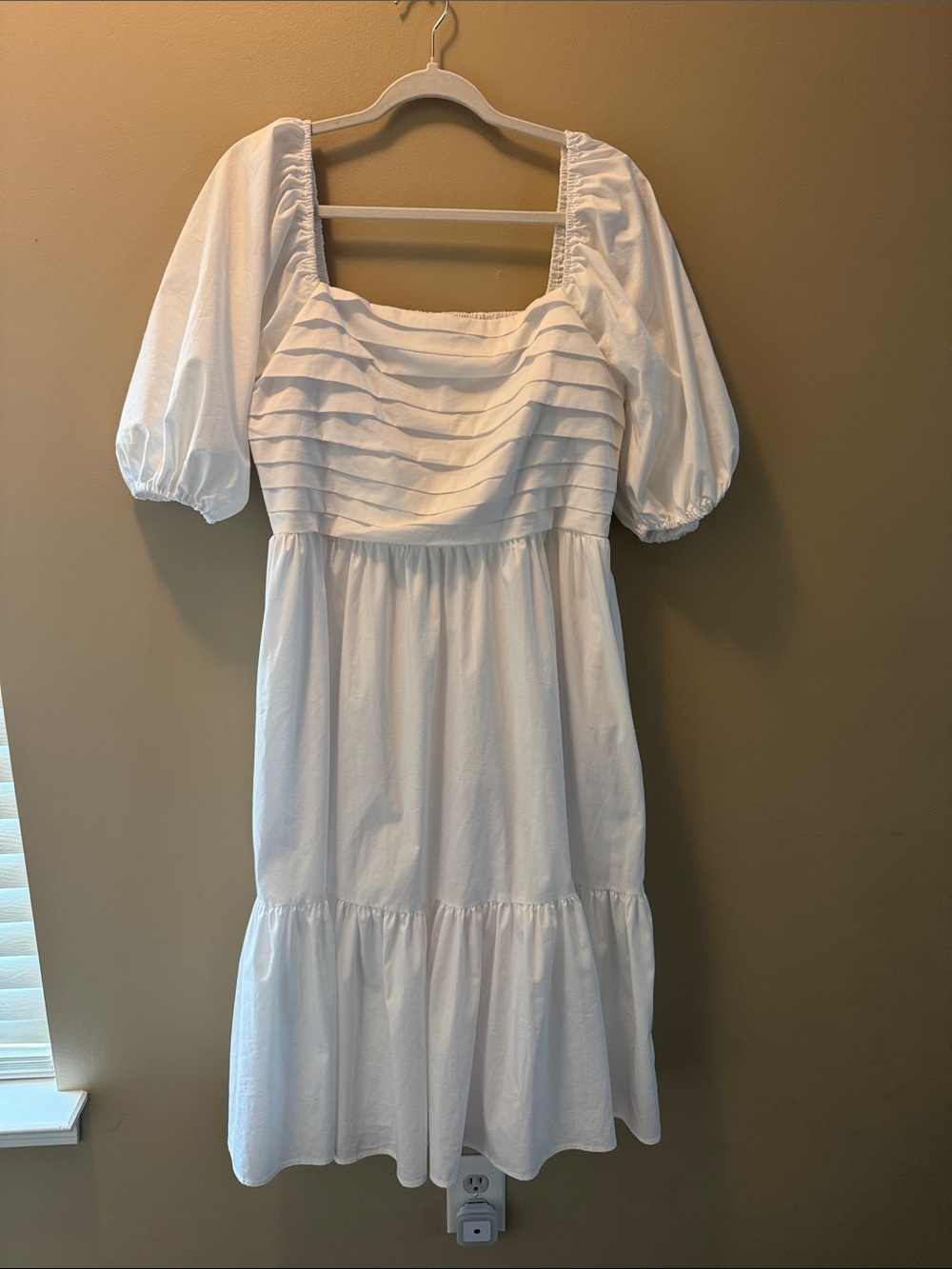 Nannette White Puff Sleeve Square Neck Midi Dress